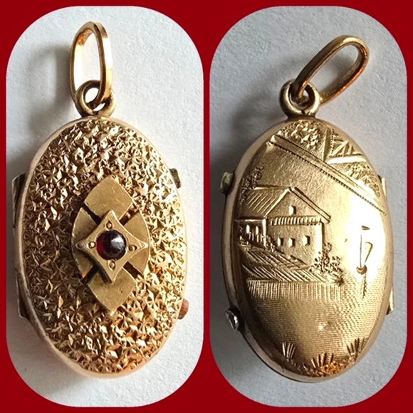Antique locket Victorian oval red gem gold tone vintage lake house 1800s - Picture 1 of 16